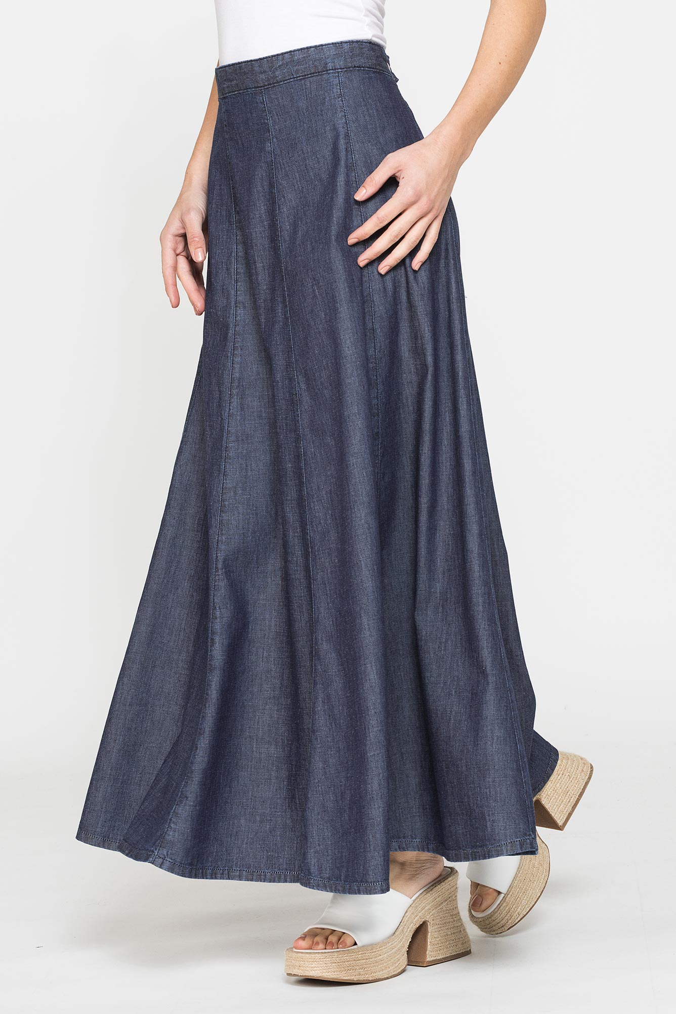 gonna lunga modello a pannelli in denim leggero 7oz