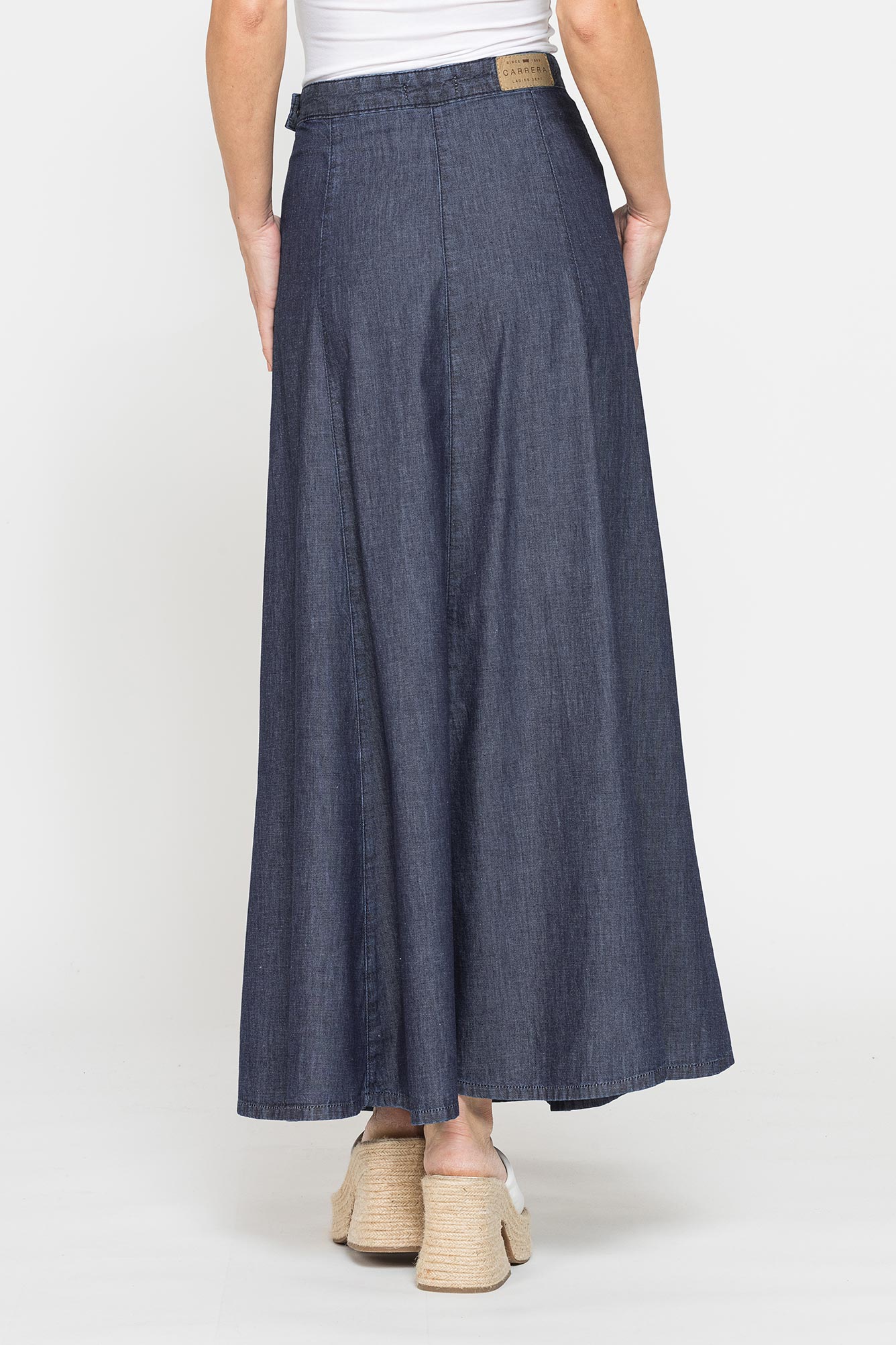 gonna lunga modello a pannelli in denim leggero 7oz