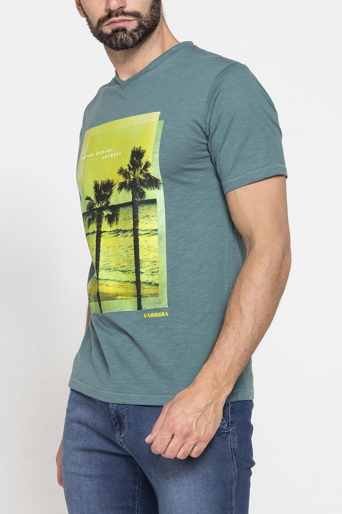 t shirt scollo a v corto, con stampa. in jersey fiammato di cotone