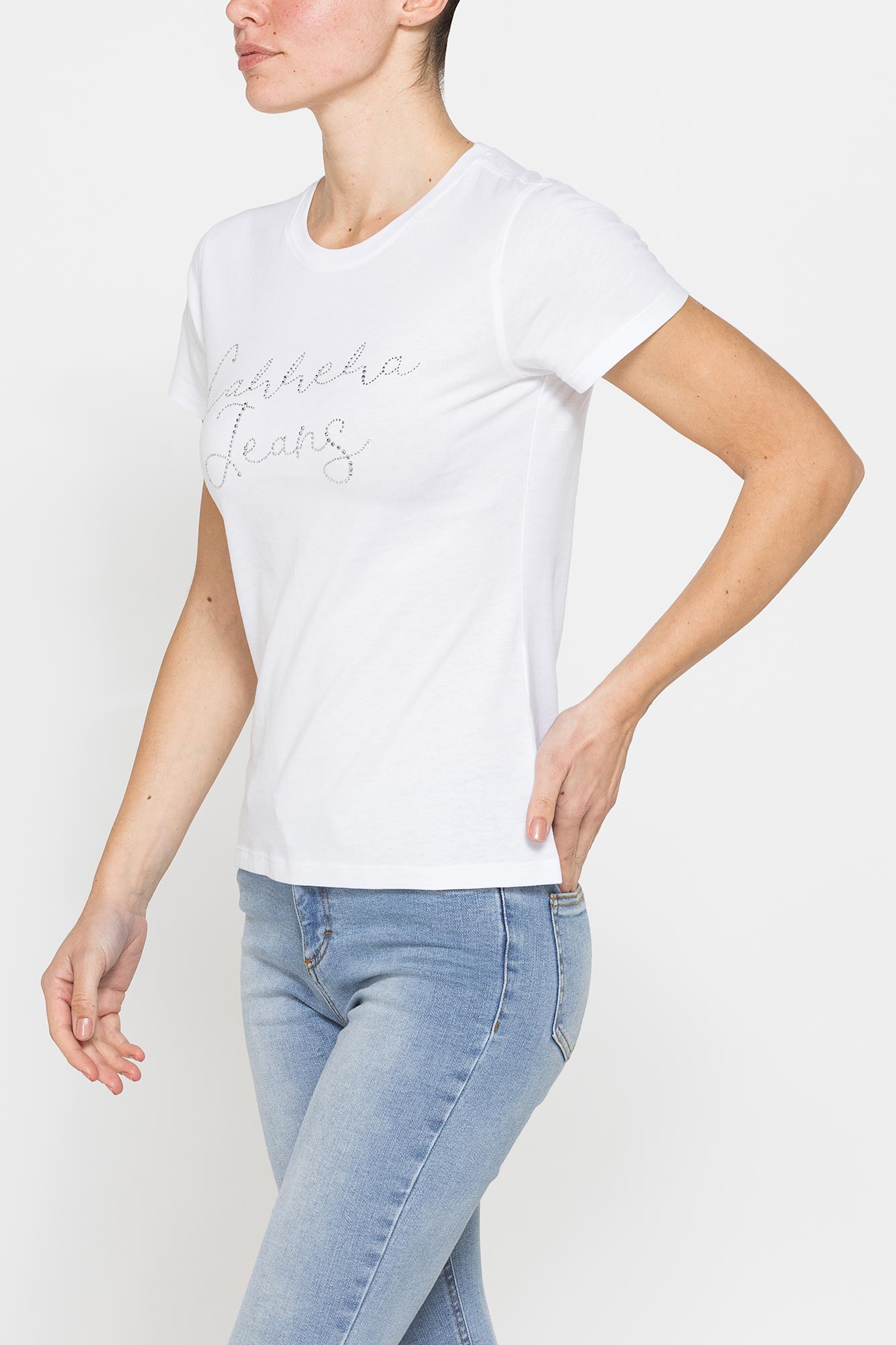 t shirt con strass in jersey di puro cotone