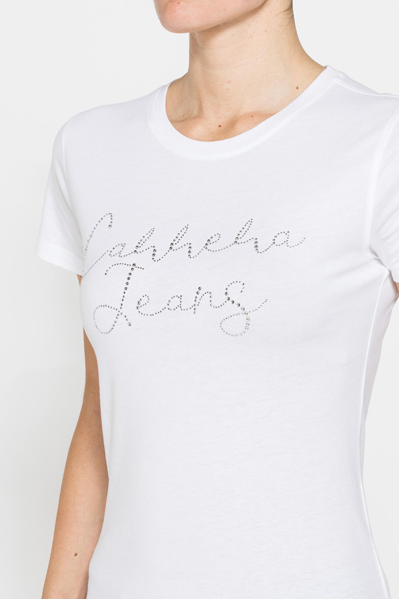 t shirt con strass in jersey di puro cotone